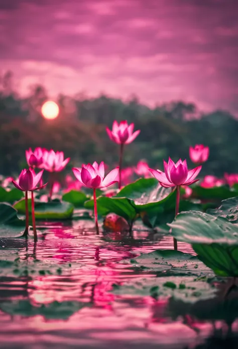 Bumbu Abu Aban Buatam Pink morning sun, rainbowing, Water droplets on lotus leaves.