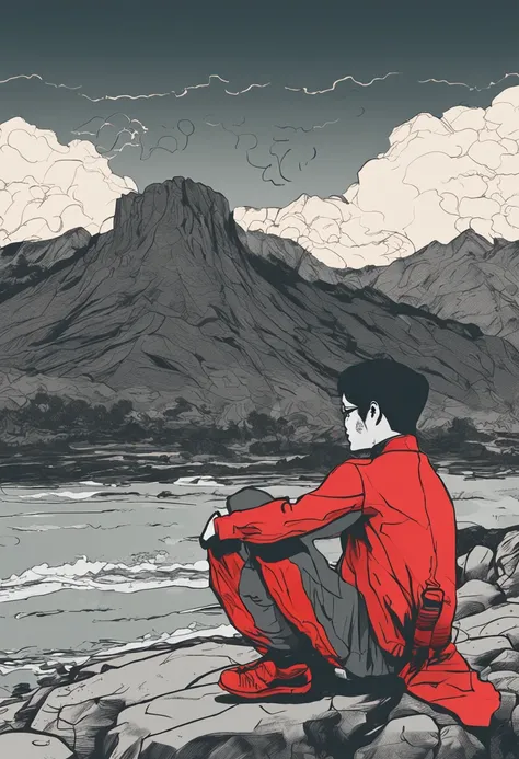 Shinei_Nouzen,Line drawings，Red pupils，black color hair，looking at the distance，The expression was indifferent，sitting on the stone，Uniform，the setting sun，flower  sea，Solitude