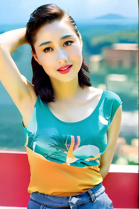 1girl, (looking at viewer), light smile, bokeh, (parted lips), realistic, arm behind head, t-shirt,shorts,legwear, 
ocean, tropical_island,rooftop,