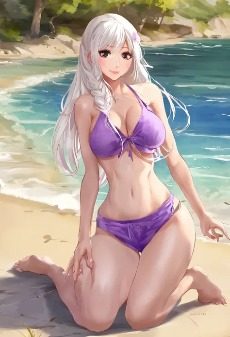 Blonde woman in purple bikini posing by the water during the day, Lie down、On your stomach、sitted、are standing......realistic shadow perfect body, realistic bikini, photorealistic perfect body, [ 4 K digital art ]!!, sfv, Smooth anime CG art，She is very wh...