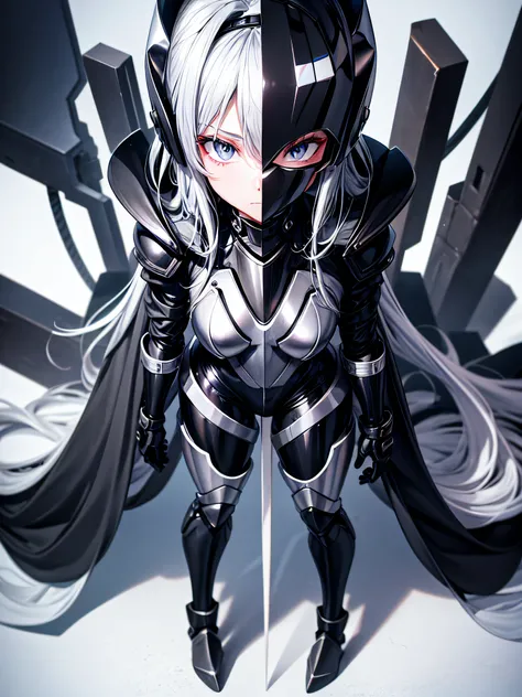 8K UHD、Silver-haired and small-nosed beauty in a black shiny black full-body rider suit wearing a black full-face helmet that covers the entire head is standing with her legs open facing the front、Wearing metallic full armor、Upper Body Up