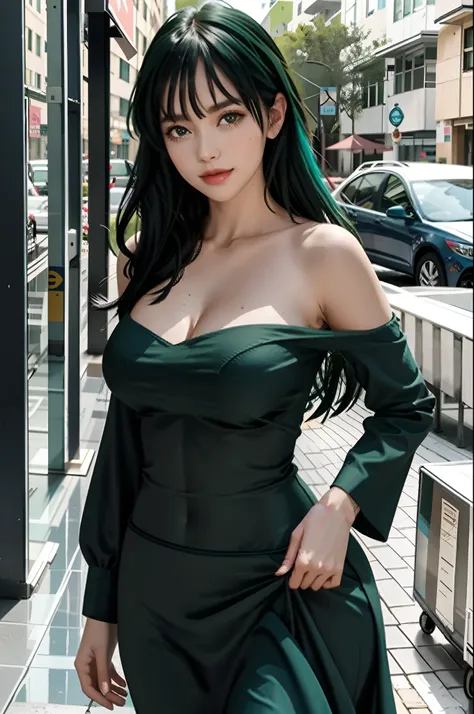 "one-girl，ssmile，Close-up，Raised sexy，is shy，masterpiece level work，Best Picture Quality，Facing the camera，cleavage，ssmile，green skirt，Raised sexy，look straight at the camera，long whitr hair，perfect bodies，beachside，Green hair，Off-the-shoulder attire，（Larg...