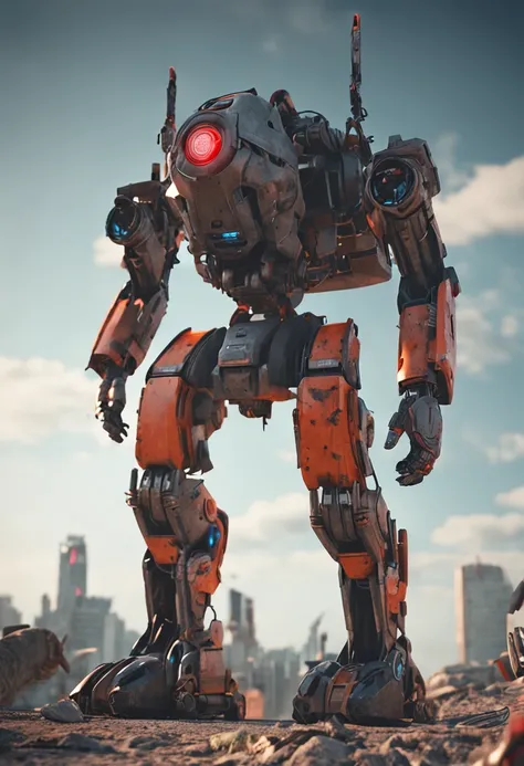 a robot with red eyes hold a futuristic weapon, action pose standing in a post apocalyptic city, 3 d octane render conceptart, 3 d render octane, 3d render octane, greg rutkowski octane render, rendered in octane, rendered in octane 3d, daniel maidman octa...