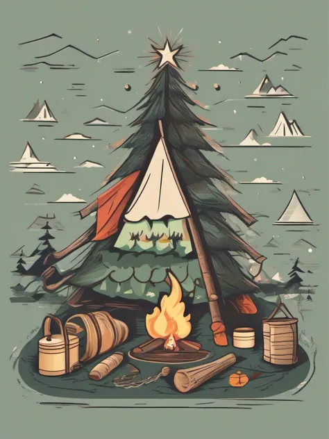 isolated vector art featuring a unique Christmas tree made entirely of camping elements. Use a mix of lines and shapes to depict items like tents, lanterns, hiking boots, and campfire logs forming the trees branches. Add small touches like hanging camping ...