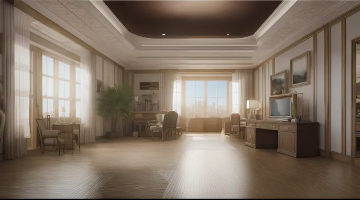 shot from front、Office、The whole picture、Large room、Quiet room、​masterpiece, top-quality, in 8K , intricate detailes, ultra-detailliert , light Particle、32K Digital Paint, Hyper-Realism, No background