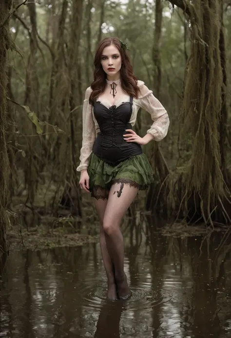 Woman in the swamp, Realistic fantasy rendering in swamps, Matte painted portrait photo, realistic fantasy photography, Mini sheer skirt, Light black stockings，There are garters on the legs, Lace transparent suspenders, Black stiletto heels,