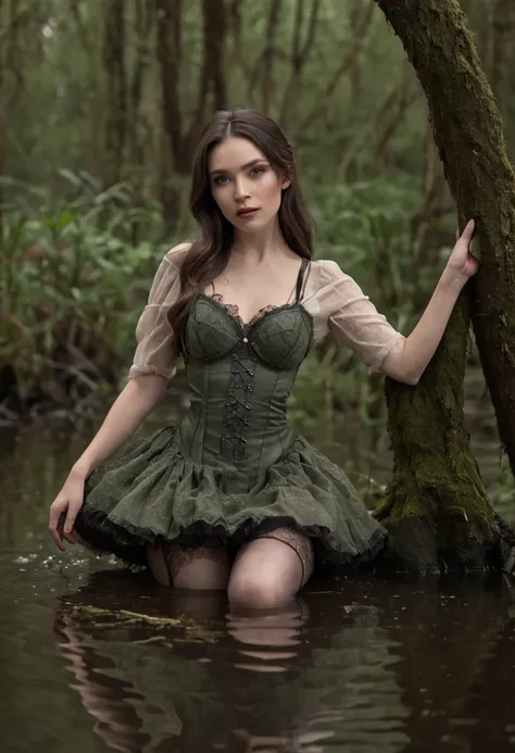 Woman in the swamp, Realistic fantasy rendering in swamps, Matte painted portrait photo, realistic fantasy photography, Mini sheer skirt, Light black stockings，There are garters on the legs, Lace transparent suspenders, Black stiletto heels,