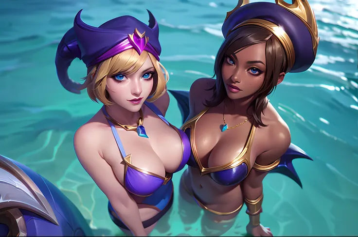 (League of Legends:1.5), pool party orianna, breasts, smile, short hair, blue eyes, multiple girls, blonde hair, brown hair, hair ornament, hat, 2girls, jewelry, hair flower, dark skin, water, hair over one eye, bracelet, official alternate costume, dark-s...