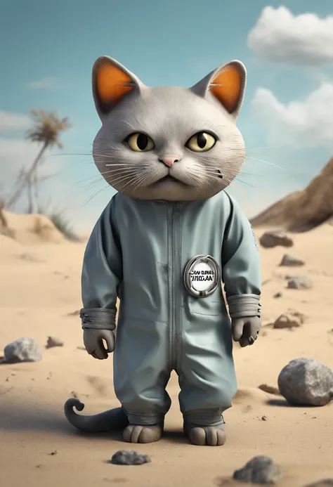 cartoonish style，A cat wrapped in a thick gray radiation protection suit，Only two ears and a tail leak out of the whole body，The rest are wrapped in protective clothing，There are radiation signs on the clothes，Stand on a polluted beach，expression sad，There...