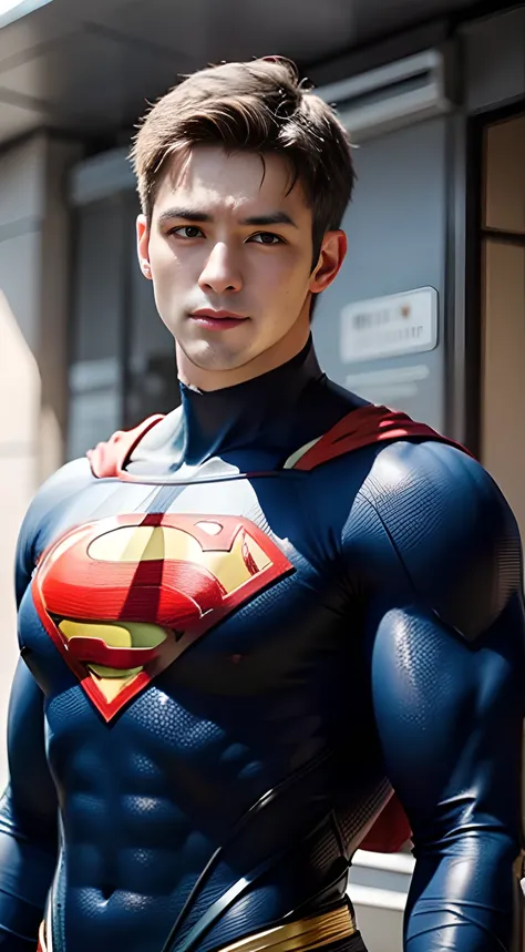 ((Men only)), (head shot), (face only), (handsome muscular man in his 20s), (superman), (Superman, a fictional superhero, is characterized by his chiseled physique, blue eyes, dark hair, and iconic red and blue costume with a bold "S" emblem on his chest),...