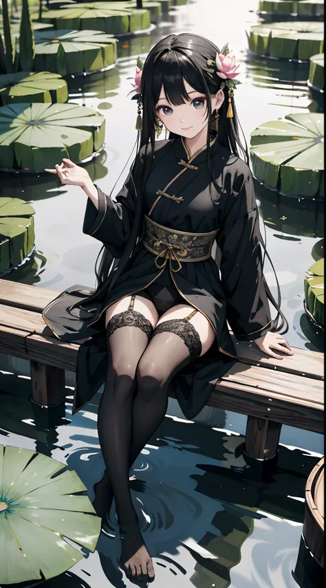 hoang lap，8K high resolution，ultra - detailed，（1girll：1.3），handpainted，Simple lines，16-year-old girl wearing black Chinese clothing，beuaty girl，In the lotus pond，tmasterpiece，Sit on a plank floating in the water，Floating hair，black pantyhoses，black pantyho...