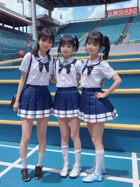 top-quality、超A high resolution、(photoRealstic:1.4)、Little girl、cute little、(详细的脸)、japanes、Light smile、Looking at the camera、Sunnyday、stadio、blue-sky、cheerleaders、pleatedskirt、Twin-tailed、a baby face、full body Esbian、A dark-haired、teen ager、de pele branca、h...