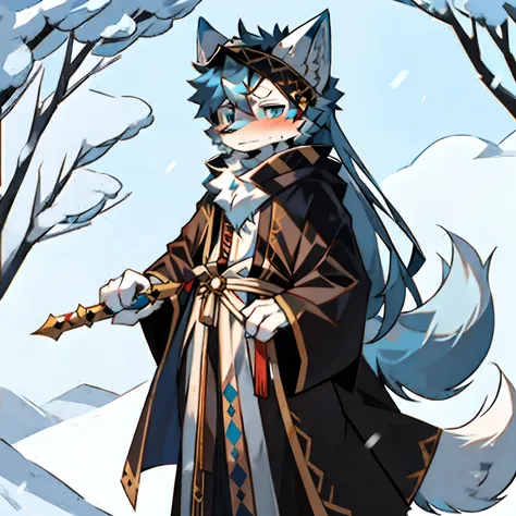 solo person，shaggy male，Furry，Snow fox，canid，White fur，blue colored eyes，vred，There is a blush on the face，White ears，Longing eyes，drools，，There are some blue hairs on the top of the head，Wearing white period costume，pan,standing on your feet，There is a li...