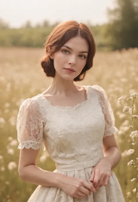 Realistic semi-close portrait image of curious woman retro 60s nostalgia, prime time, Fashion haute couture, 35mm female portrait，Thinking in a wildflower field in a plain white lace dress. warm color. Vivid. Realistic. Carefree happy joy bokeh background....