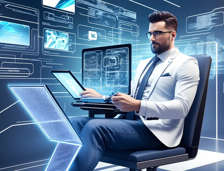 Create a realistic 4K image of a 34-year-old male with a futuristic style. Hes sitting in a chair, writing on a transparent screen that shows marketing and social media icons. The scene should show you from the side, in a futuristic setting with stunning v...