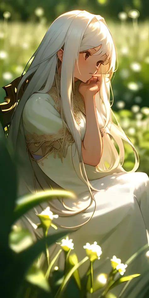 (masterpiece, best quality),1girl with long white hair sitting in a field of green plants and flowers, her hand under her chin, warm lighting, white dress, blurry foreground