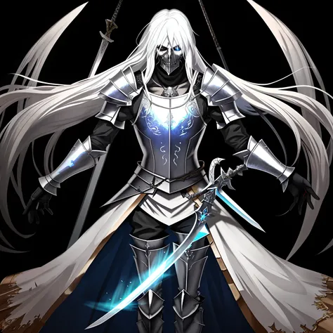 1man，long  white hair，Wearing armor，Swing the sword with despair，The deceased is armor，deathia，Undead，The sword glows blue light，The armor is wrapped in ghosts