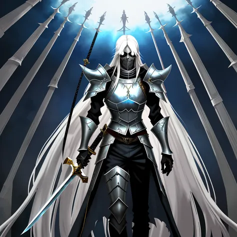 1man，long  white hair，Wearing armor，Swing the sword with despair，The deceased is armor，deathia，Undead，The sword glows blue light，The armor is wrapped in ghosts