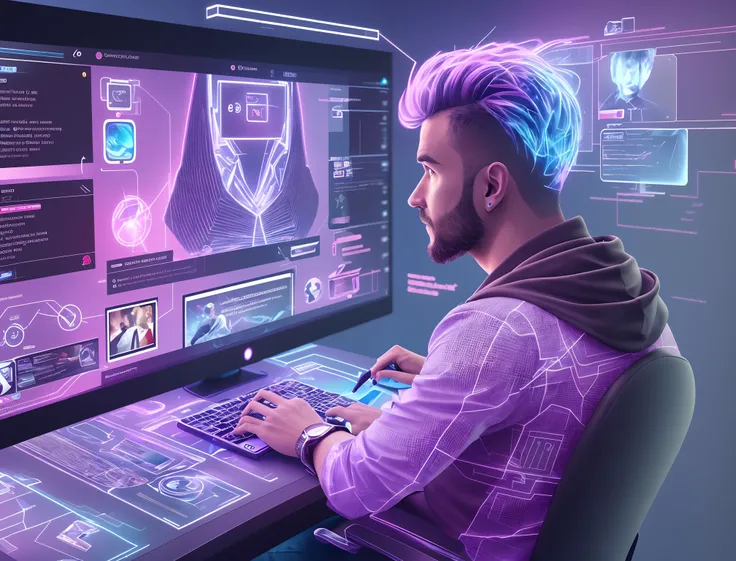 Create a realistic 4K image of a 34-year-old male with a futuristic style. Hes sitting in a chair, writing on a transparent screen that shows marketing and social media icons. The scene should show you from the side, in a futuristic setting with stunning v...