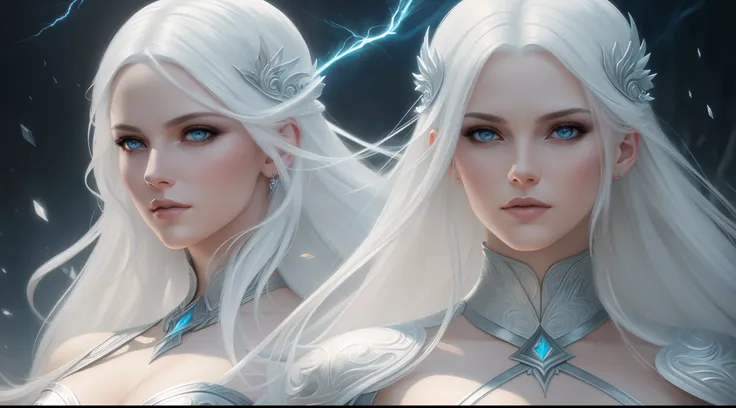 The white-haired and lightning goddess of ice surrounded her, nice perfect face with soft skinice perfect face, full bodyesbian，Concept art portrait by Greg rutkowski, Art germ, Ultra-detailed and sophisticated Gothic art trends in Artstations ternary colo...