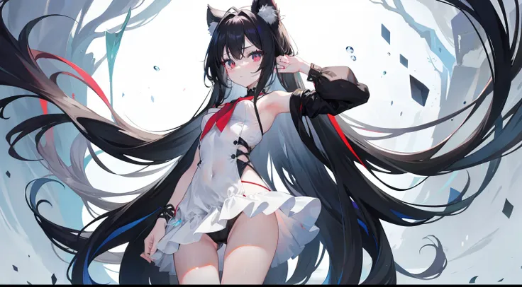 Anime girl wearing black dress,tmasterpiece，Fine beautiful eyes，，exposed bare shoulders，Be red in the face，Shy eyes，Extra-long, Flowing hair，White and hairy，ultra color，and wear no underwear，exposing her chest，with no underpants，，Water droplets on the crot...