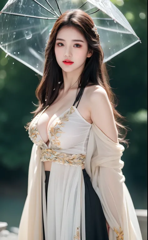 ((Best Quality, 8k, Masterpiece: 1.3)), Focus: 1.2, Perfect Body Beauty: 1.4, Buttocks: 1.2, ((Layered Haircut)), (Wet Clothes: 1.1), (Rain, Street:1.3), (Breasts: 1.2), (Hanfu: 1.2), Bare Shoulders, Bare Legs, Highly Detailed Face and Skin Texture, Fine E...