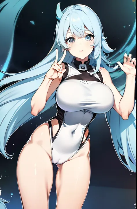 比基尼，anime big breast，Pale blue hair，dual horsetail，teens girl，The kinky is exposed