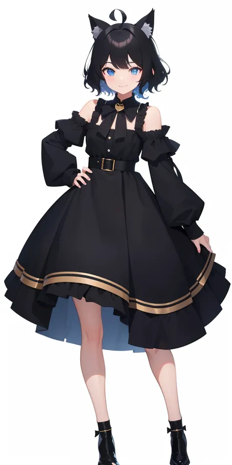 girl with、((Best Quality, high_resolution, Distinct_image)),(Black hair), (Black cat ears), (Ahoge), (absurdly short hair), (Wavy Hair), (Blue eyes),、a smile、mideum breasts、Heart pupil、、Background Simple、fullbody、dynamicpose