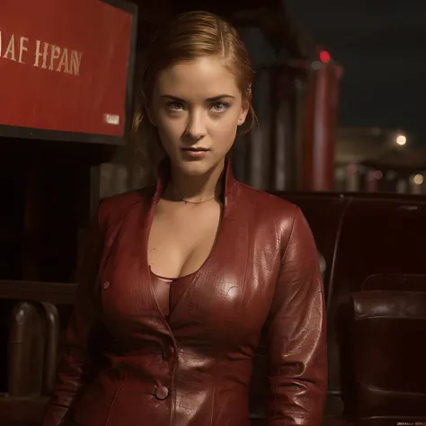 Masterpiece, Quality, (ultra realistic portrait of KRISTANNATX:1.2), (extremely detailed CG:1.35), Wine red leather jacket, wine red leather pants,, Serious look, (detailed face:1.2, detailed eyes:1.15), Sharp Focus, Abandoned city, dark clouds, dark atmos...