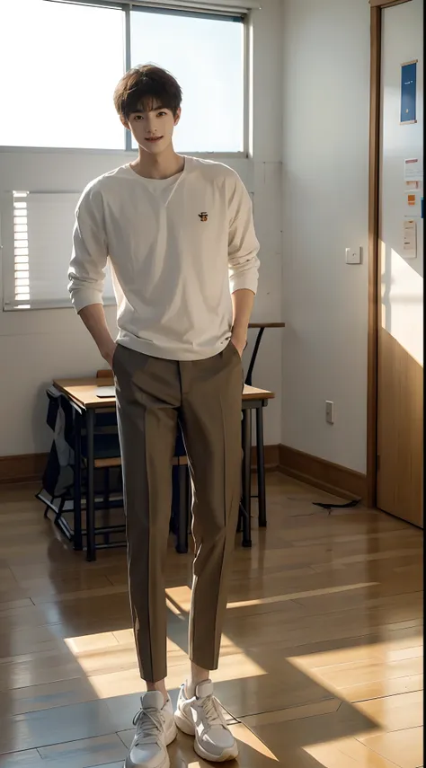 （a 15-year-old junior high school boy stands in a classroom：2），（malefocus），height 200 cm，slender legs，der riese，tall guy，tall，br...