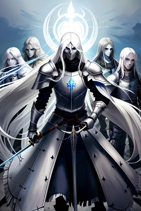 1man，long  white hair，Wearing armor，Swing the sword with despair，The deceased is armor，deathia，Undead，The sword glows blue light，The armor is wrapped in ghosts