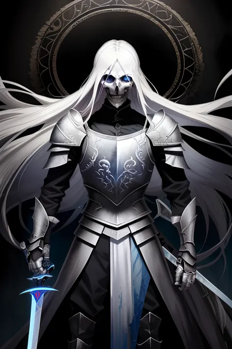 1man，long  white hair，wearing armor，swing the sword with despair，the deceased is armor，deathia，undead，the sword glows blue light...