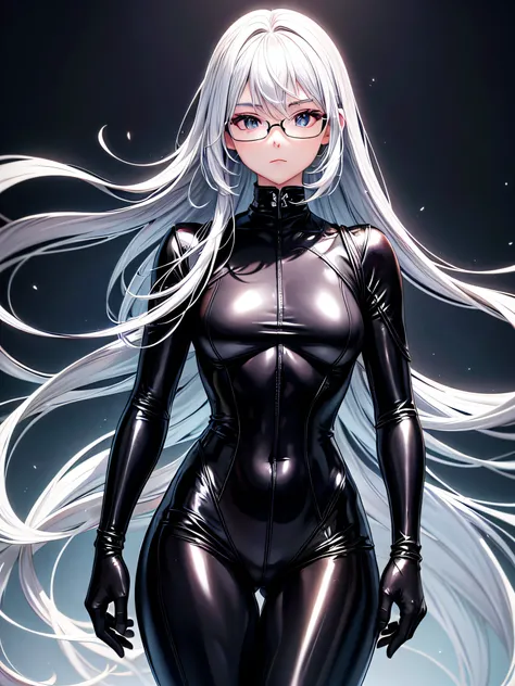 8K UHD、Beauty with small nose with silver hair in black shiny black full-body rider suit wearing glasses standing with legs open facing the front、Wearing a black metallic catsuit、Upper Body Up