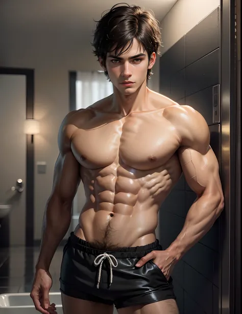 Brazilian, realistic, detailed, distant view, sexy, teenage boy, young, short straight black hair, black eyes, towel on hips, arrogant look, bathroom, bathroom, lying in bathroom, realistic eyes, detailed face, detailed hands, detailed legs, detailed finge...