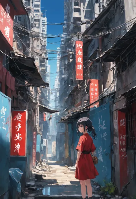 Kowloon City、Back alley、(Wet ground)、((Delicate depiction))、pipes、duct、electric wires、signboard、plein air,  blue open sky, shorth hair, One girl in a red dress、((a beauty girl))、天空, looking at the viewers, Moody lighting,