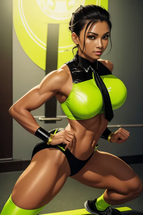 1. Alafe Street Fighter、Metallic Lime Green and Metallic Black Martial Arts Uniform、Big breasts about to burst、Shirt with metallic white breast pockets、breasts pocket、neck tie、thin and long legs,、Pose ready to fight、Fitness Model、musculature、abdominals、Hei...