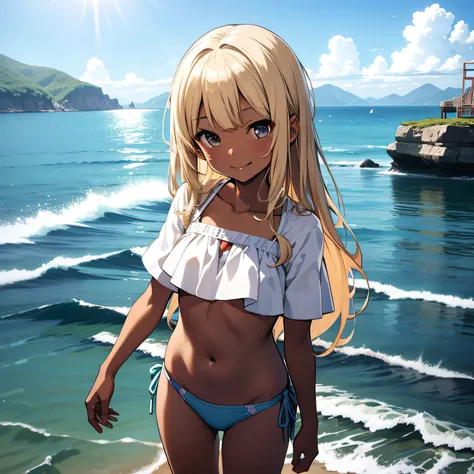 top-quality、extremely delicate and beautiful、Elementary school girls、5th grade elementary school、The bikini、mesugaki、A smile、a blond、Brown skin、The background is the sea、is standing、Twin-tailed