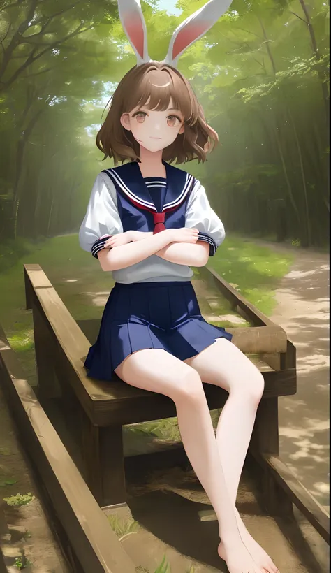 ((Masterpiece,Best quality)),1girll, Solo, Animal ears, Rabbit, Barefoot, Knees up, dress, Sitting, Rabbit ears, Short sleeves, view the viewer, Grass, Short hair, Smile, White hair, Puffy sleeves, Outdoors, puffy short sleeves, bangs, on ground, full body...