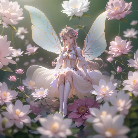 1 mini body elf royal princess, (Floating on (a huge flower:1.5)，Being in the air，transparent wings，luminescent wings) (super wide shot，Long-range shooting，Overlooking angle，Soft lighting),best qualtiy，high detal，tmasterpiece