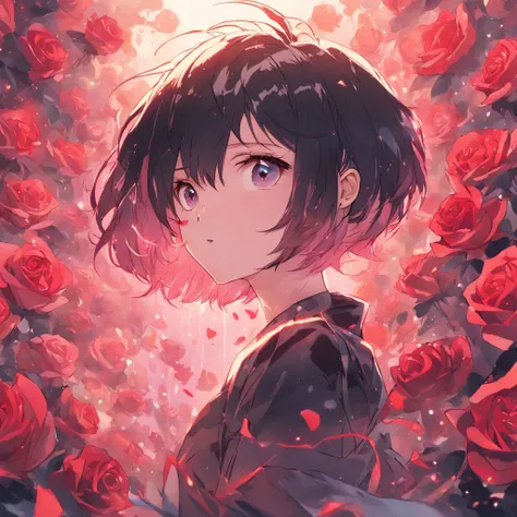 (Rose short hair girl)High-quality images depicted in detail，Dynamic pose，Focus on facial features，Roses as background，the Sun Shining，Black color hair，looking to the camera