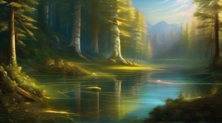 quadratic element，scenecy，extreme light，ln the forest，lakes，ripples