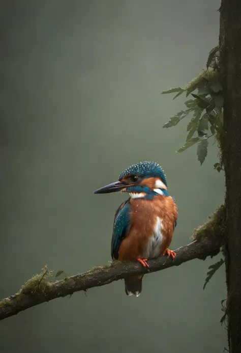 Kingfisher stands gracefully on a branch, Strong morning light diffuses through the mist，Slowly rise, Highlight its complex feathers in dramatic side lighting