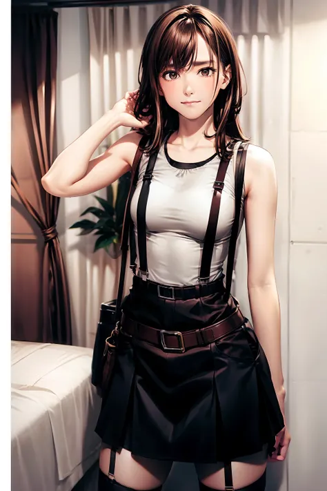 a black skirt, Tank tops　suspenders, Brown hair short, Gray eyes, holster, Garter belt on the legs, moderate chest and tight clothes, 　　 a belt　Armpit sweat　　deadpan