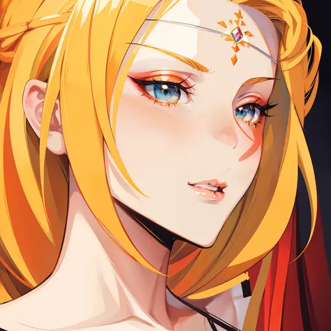 Blonde hair，Orange and white clothes，Exquisite makeup，Radiant royal sister