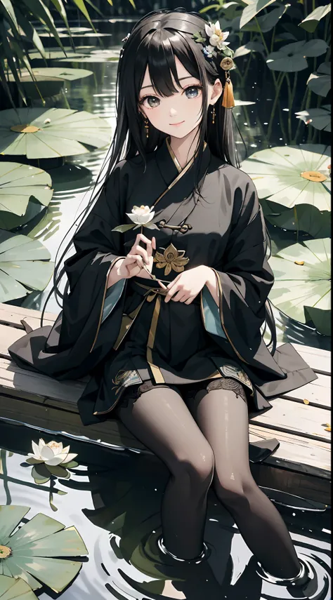 hoang lap，8K high resolution，ultra - detailed，（1girll：1.3），handpainted，Simple lines，16-year-old girl wearing black Chinese clothing，beuaty girl，In the lotus pond，tmasterpiece，Sit on a plank floating in the water，Floating hair，black pantyhoses，black pantyho...