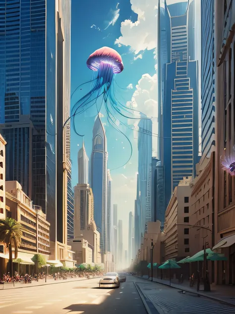 jellyfish flying in the city surrounding buildings in Dubai Photorealistic, Photorealism, Full-HD, 1080p, 16k, Realistic, Hyperrealistic, Hyper Real, digital