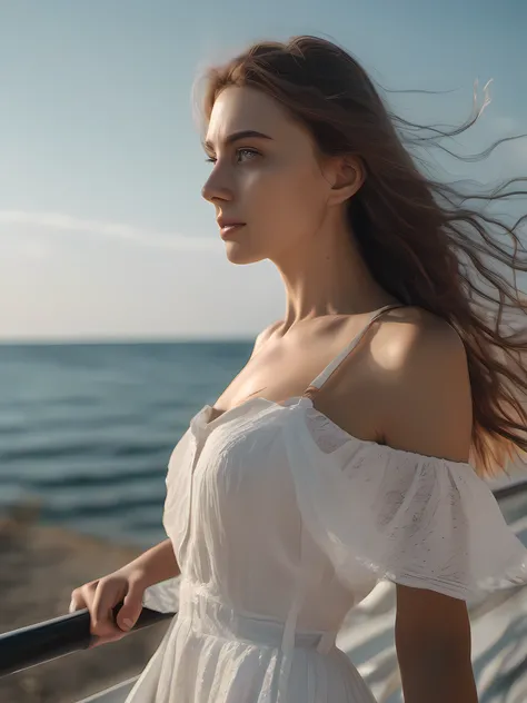 A girl walking by the sea, white skirt, (cleavage:1.2), long hair, aqua eyes, cinematic lighting, pov, Sony FE GM, f/1.8, 85mm, Nikon, ray tracing, masterpiece, UHD, anatomically correct, (textured skin:1.4), 8k, high details, bright