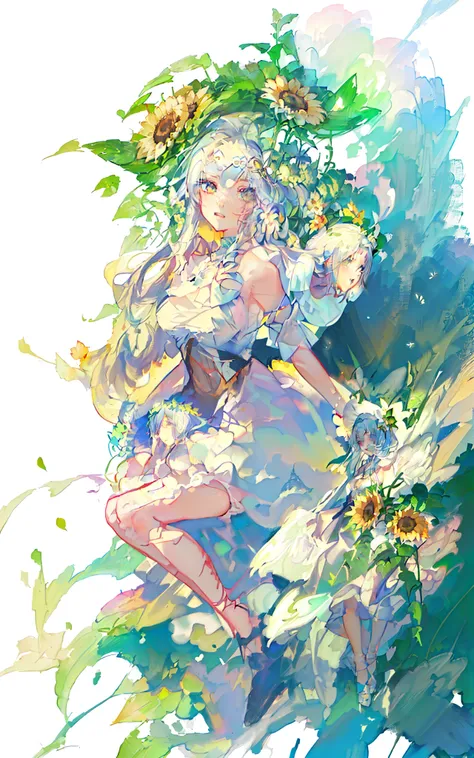 Anime girl wearing white dress，There are sunflowers and hats, beautiful sunflower anime girl, zerochan art, Digital art on Pisif , the goddess of summer, Pisif Contest Champion, made with anime painter studio, goddess of nature, the goddess of summer, spri...