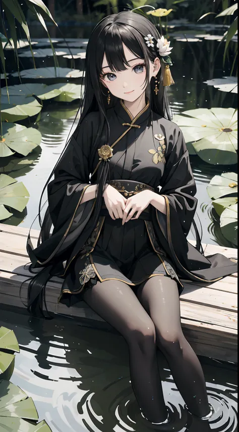 hoang lap，8K high resolution，ultra - detailed，（1girll：1.3），handpainted，Simple lines，16-year-old girl wearing black Chinese clothing，beuaty girl，In the lotus pond，tmasterpiece，Sit on a plank floating in the water，Floating hair，black pantyhoses，black pantyho...