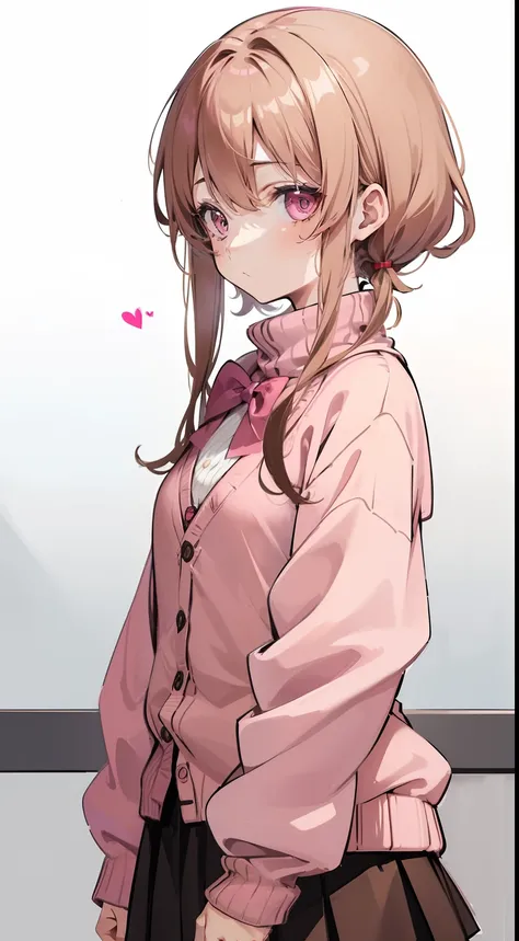 alone, 1girl, matured female, MILF, Takeba Yukari, Person 3, (light brown head:1.3), turtleneck shirt, (pink cardigan:1.3), long-sleeved cardigan, closed cardigan, black skirt, pleated mini-kirt, red tie, red bow tie, cynical look